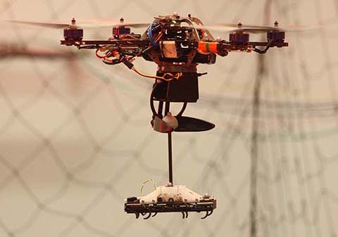 <b>This project is composed of two main parts:</b>
                 <br>
                 <b>1. Aggressive retrieval of Small Ground Robots</b>
                 <br>
                 The objective of this task was to co-design a gripper assembly and trajectory generation algorithm, which considers the mechanical, sensing and algorithmic constraints of a dynamic aerial vehicle. The gripper design had three requirements: the ability to grasp a ball/mast assembly at speeds in excess of 2 m/s, to release this assembly on command and to use the gripper for perching. After several design iterations, the design shown in the figure was chosen. The gripper uses a v-shaped channel to funnel the ball into a final position in the gripper. At the deployment location, a servo is activated to release the ball and fold the gripper into its perching position beneath. In this position the gripper serves as a stable platform for landing and perching on small surfaces.
                 <br>
                 The algorithm generates dynamic trajectories, which satisfies the initial, desired pickup and final conditions, by optimizing certain objective functions based on the dynamics of the quadrotor.  These conditions can _include various constraints such as position, velocity, and acceleration.  If a trajectory is too aggressive for the capabilities of the quadrotor, new trajectories with longer durations are generated until an appropriate trajectory is found.
                 <br><br>
                 <b>2. Vision Based Localization and Control of Small Ground Robots</b>
                 <br>
                 The objective of this task was to detect and localize an OctoRoach (designed by UC Berkeley) using a camera mounted to an aerial vehicle. Using these state estimations, the user can drive this robot through an environment. We mounted a color camera to a pan/tilt assembly attached to an aerial vehicle. This camera was interfaced to a dedicated Gumstix running tracking software customized to detect and localize the OctoRoach. The Gumstix also allows for automated control of the pan/tilt servos although we chose to allow only manual control of the pan/tilt mechanism. Using a differential drive model of the OctoRoach, we developed a position controller, which uses the position estimates of the robot and an user provided desired position to control the robot through in an environment.